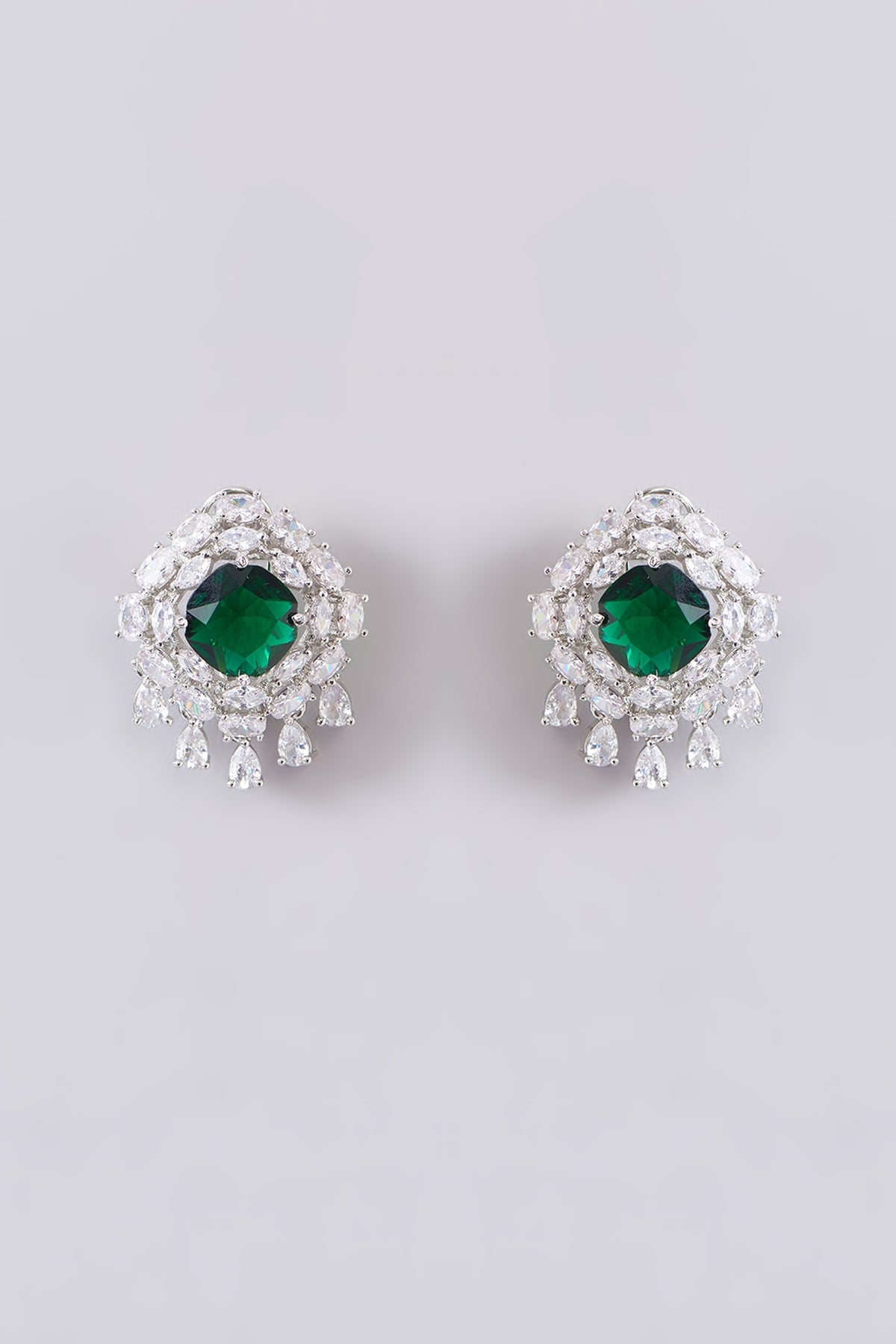 White Finish Zircon & Emerald Stone Long Necklace Set