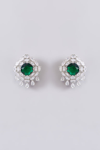 White Finish Zircon & Emerald Stone Long Necklace Set