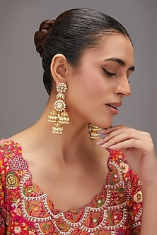 Gold Finish Kundan Polki & Pearl Jhumka Earrings