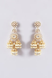 Gold Finish Kundan Polki & Pearl Jhumka Earrings