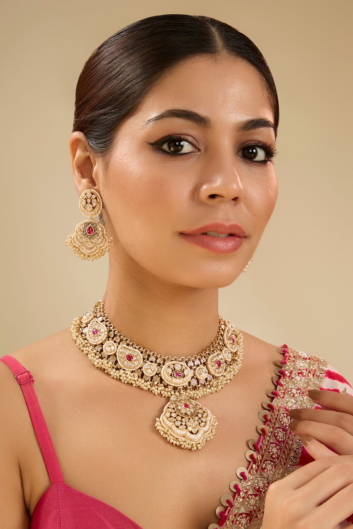 Gold Finish Kundan Polki Pendant Necklace Set