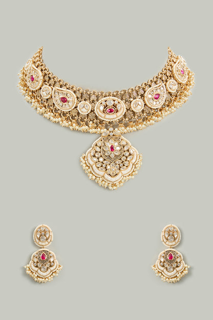 Gold Finish Kundan Polki Pendant Necklace Set