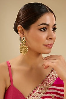 Gold Finish Kundan Polki Temple Dangler Earrings