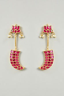 Gold Finish Pink Moissanite Polki Dangler Earrings