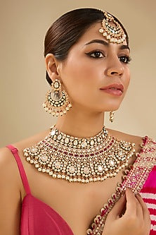 Gold Finish Kundan Polki & Pink Stone Necklace Set