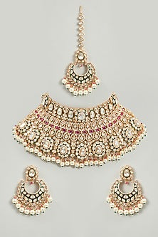 Gold Finish Kundan Polki & Pink Stone Necklace Set