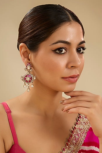 Two-Tone Finish Pink Stone Dangler Earrings