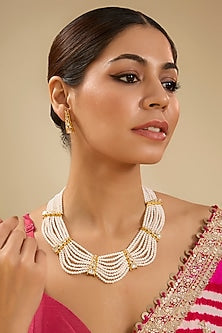 Gold Finish Pearl & Moissanite Stone Necklace Set
