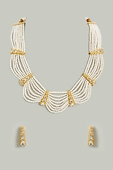 Gold Finish Pearl & Moissanite Stone Necklace Set