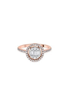 18kt Rose Gold Finish Round & Baguette-Cut Diamond Halo Ring