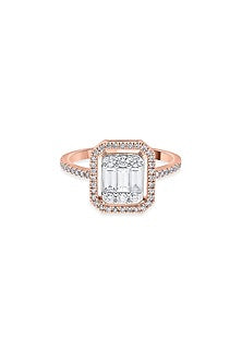 14kt Rose Gold Finish Baguette & Emerald-Cut Diamond Halo Ring