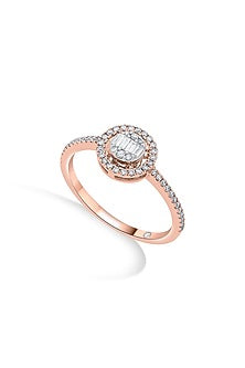 18kt Rose Gold Finish Baguette & Round-Cut Diamond Halo Ring