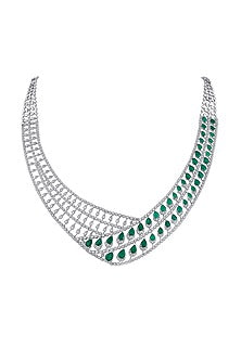 18kt White Gold Finish Diamond & Emerald Stone Necklace