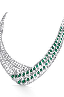 18kt White Gold Finish Diamond & Emerald Stone Necklace
