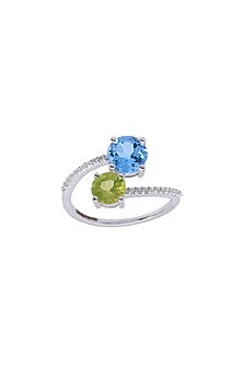 14kt White Finish Green Peridot & Blue Topaz Ring
