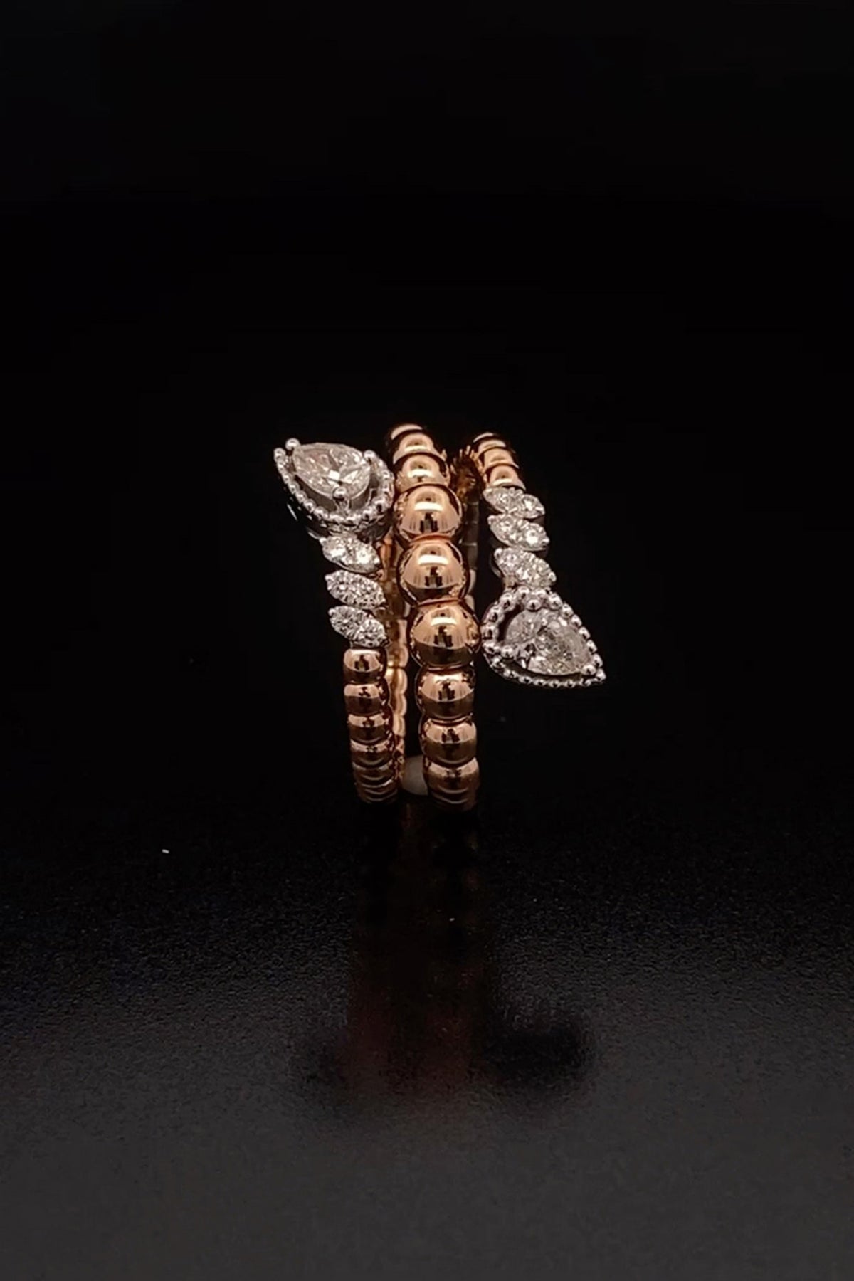 18kt Rose Gold Finish Pear-Cut Diamond Beaded Stackable Ring