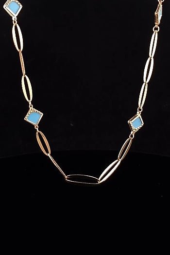 18kt Two Tone Finish Turquoise Diamond-Shape Charm Link Necklace