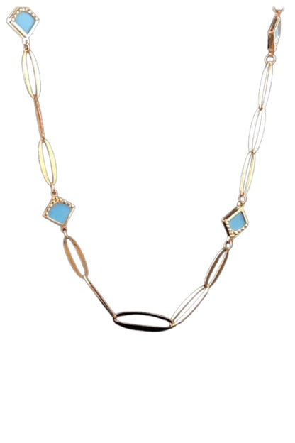 18kt Two Tone Finish Turquoise Diamond-Shape Charm Link Necklace