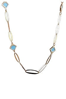 18kt Two Tone Finish Turquoise Diamond-Shape Charm Link Necklace