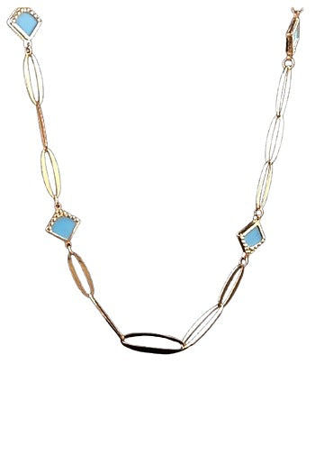 18kt Two Tone Finish Turquoise Diamond-Shape Charm Link Necklace