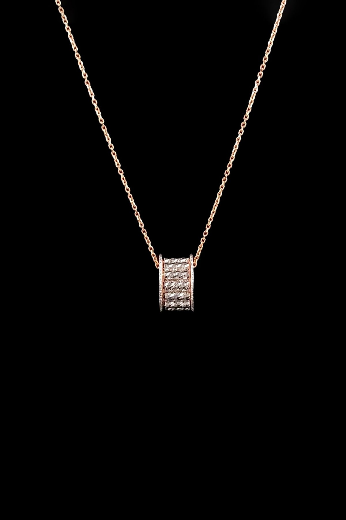 18kt Rose Gold Finish Diamond Pave Barrel Pendant Necklace