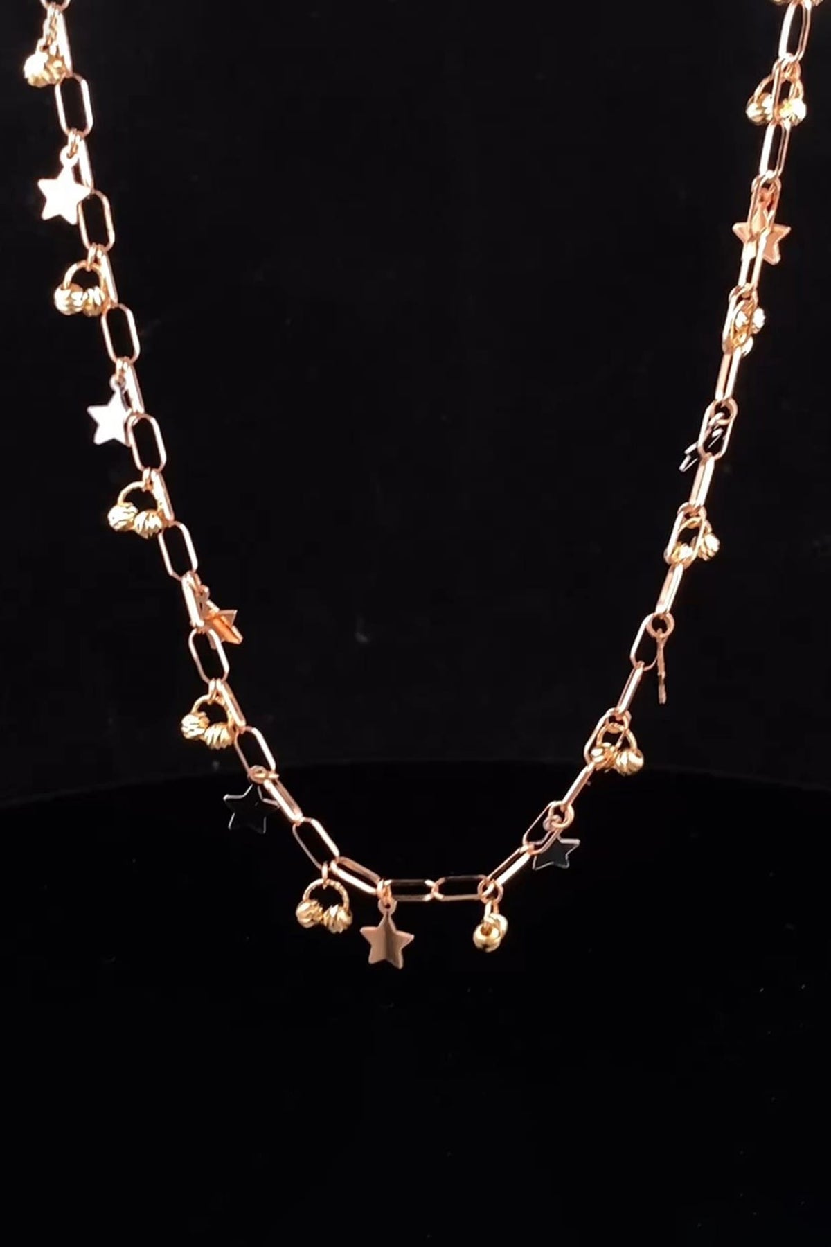 18kt Rose Gold Finish Star & Ball Drop Paper-Clip Necklace