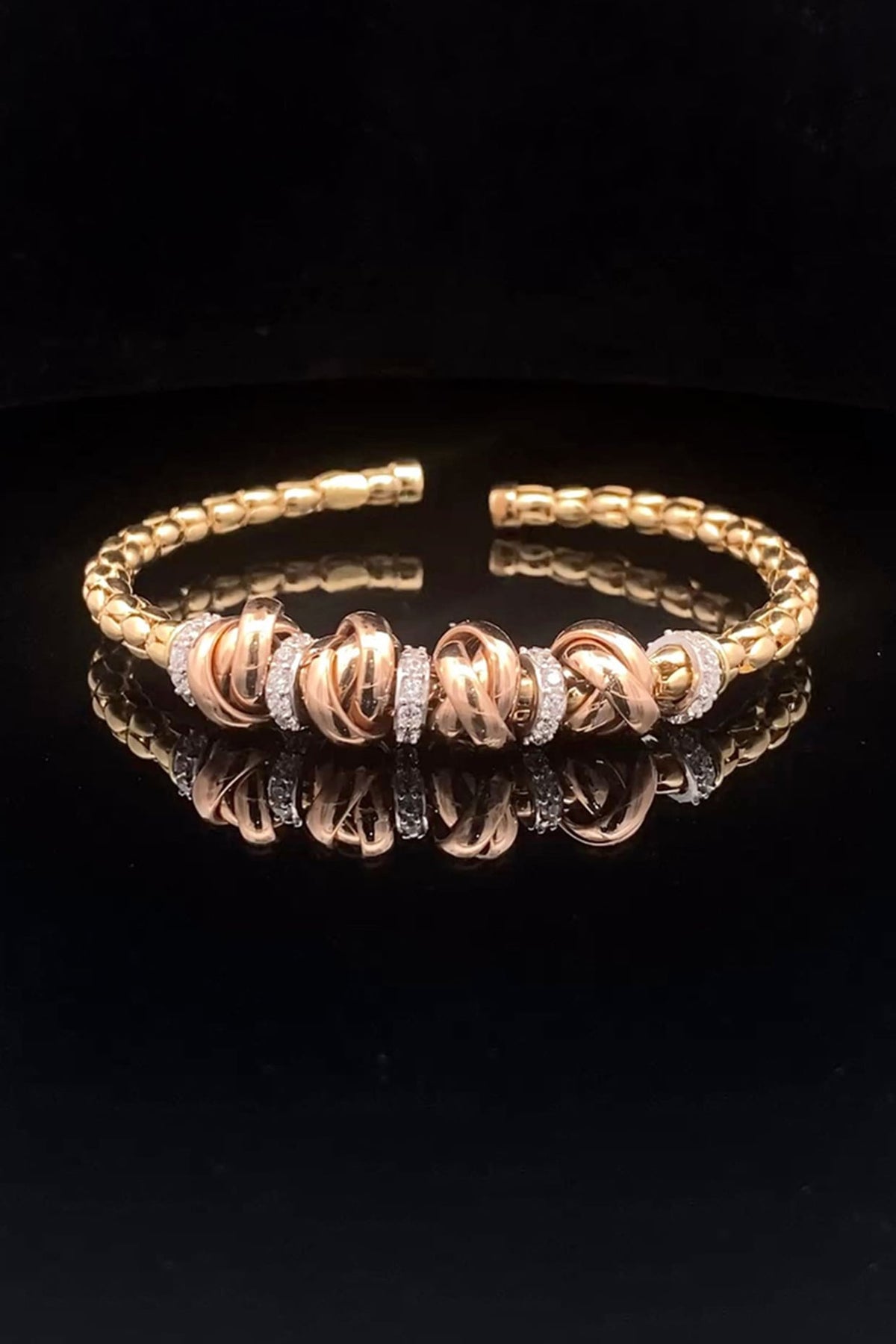 18kt Two-Tone Finish Diamond Knot Cluster Open Cuff Bangle