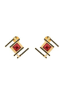Gold Plated Stud Earrings With Red Swarovski