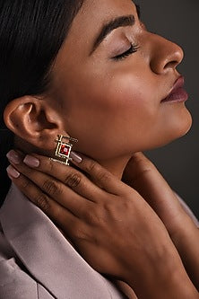 Gold Plated Stud Earrings With Red Swarovski