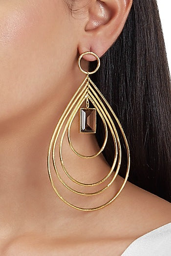 Gold Finish Hoop Earrings With Grey Stones