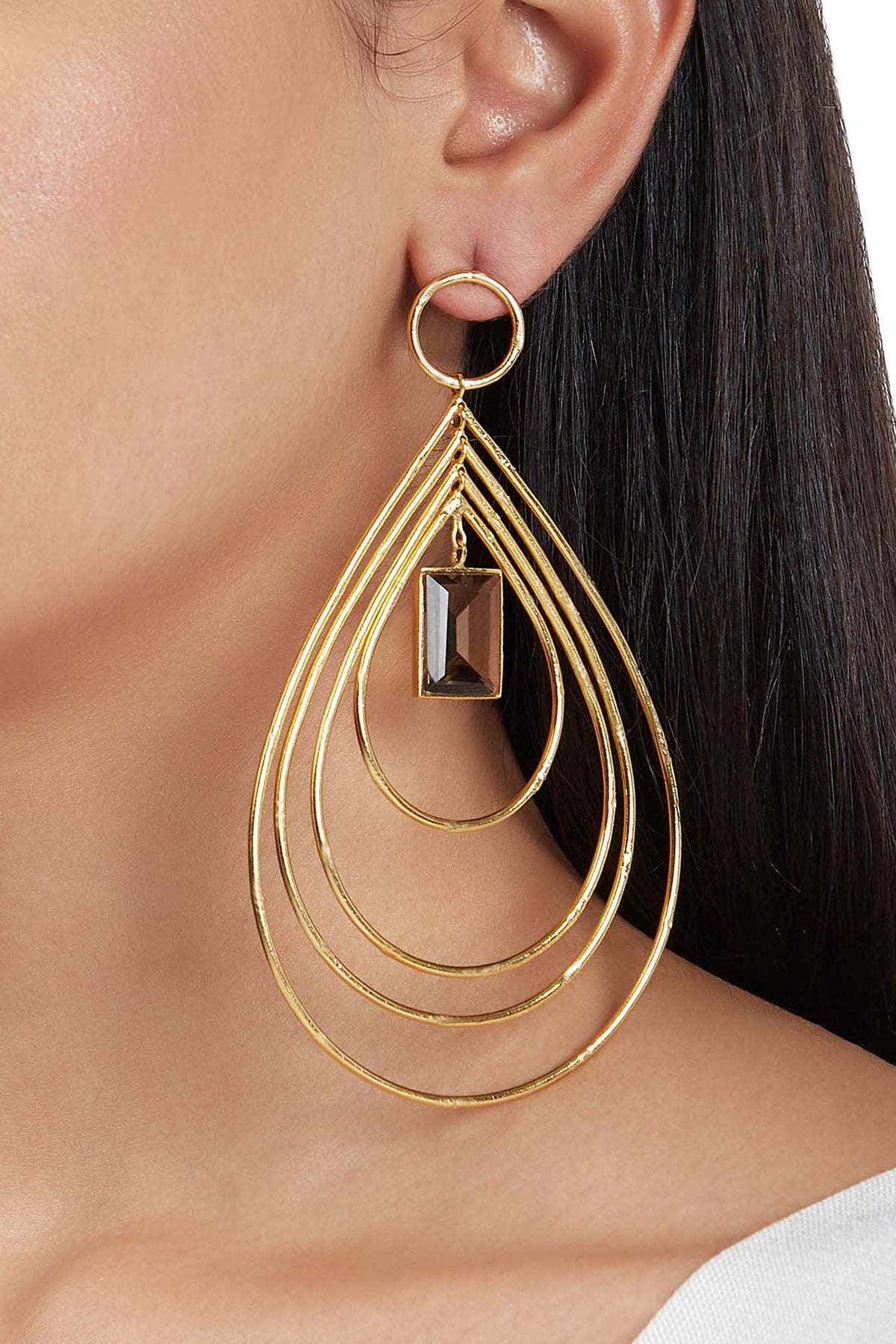 Gold Finish Hoop Earrings With Grey Stones