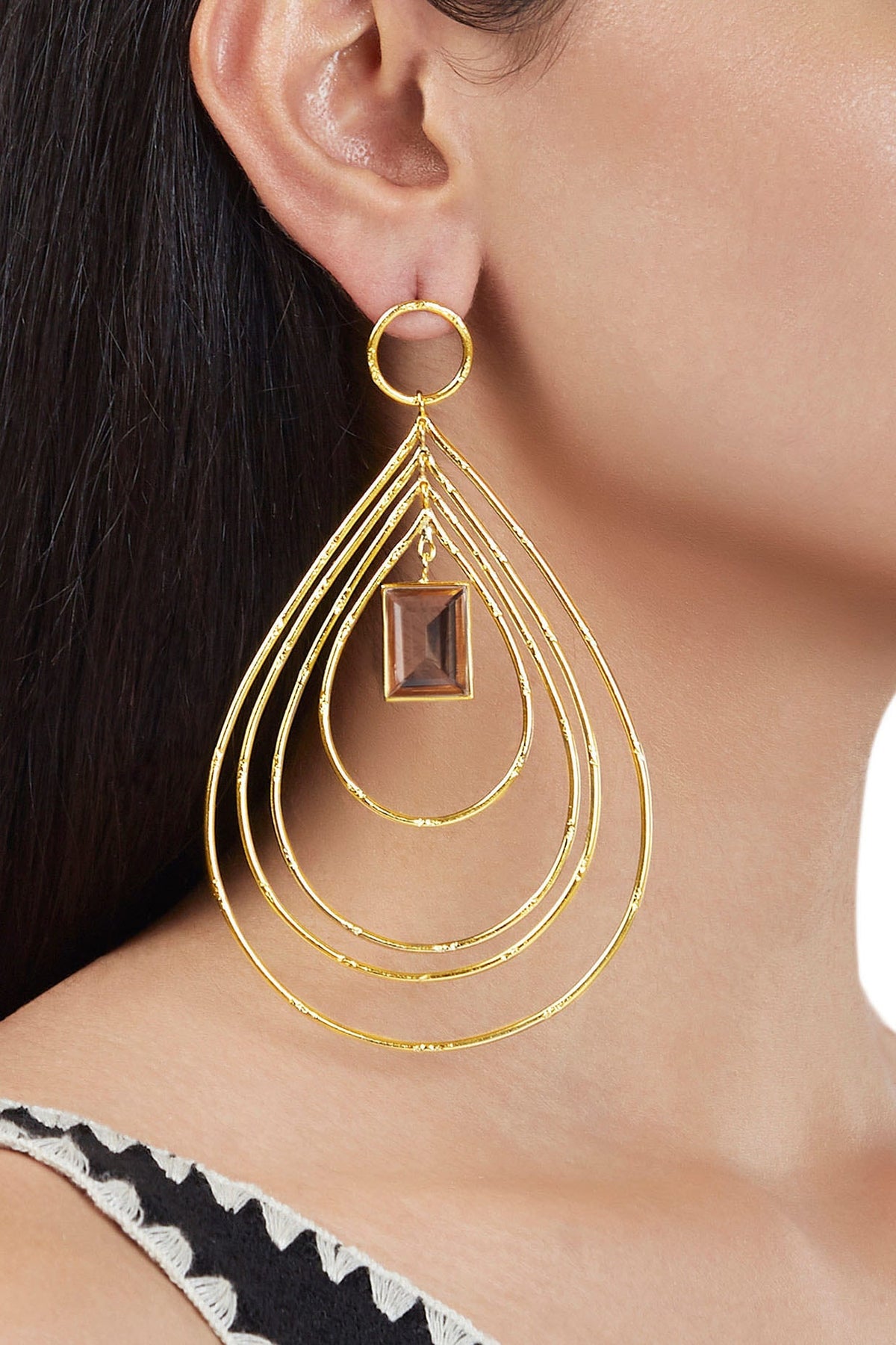 Gold Finish Synthetic Stone Hoop Earrings