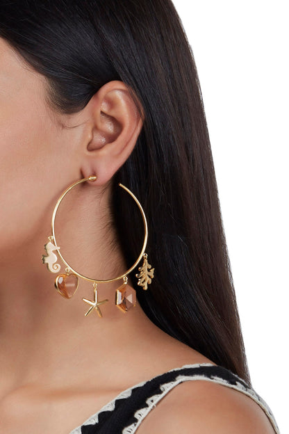 Gold Finish Hoop Earrings With Pink Stones