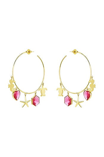 Gold Finish Hoop Earrings With Red Stones