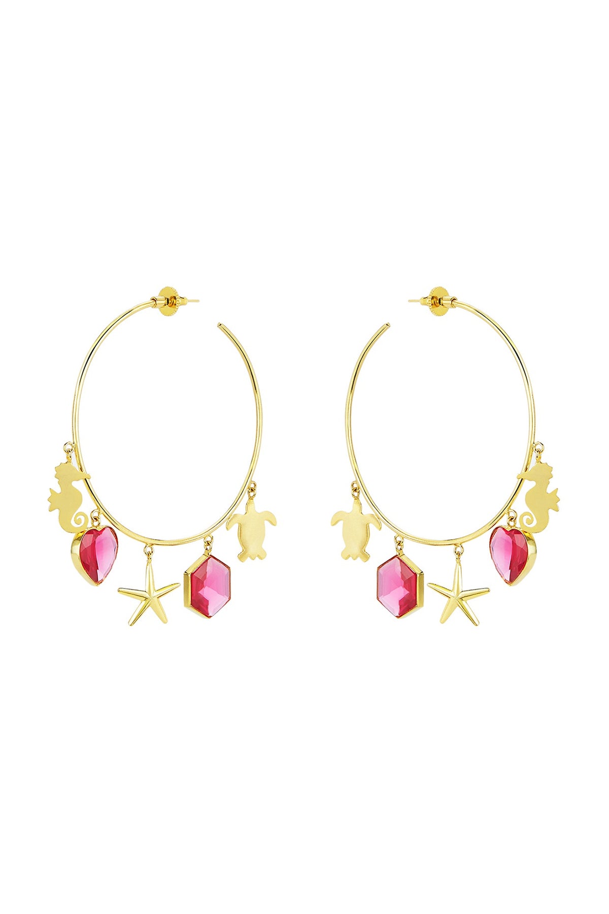 Gold Finish Hoop Earrings With Red Stones