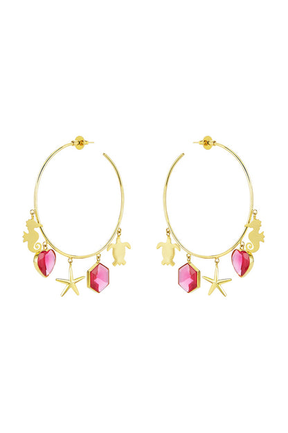Gold Finish Hoop Earrings With Red Stones