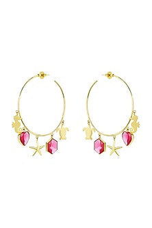 Gold Finish Hoop Earrings With Red Stones