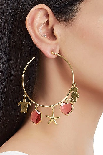 Gold Finish Hoop Earrings With Red Stones