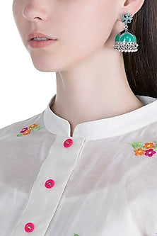 Silver Plated Green & Blue Meenakari Jhumka Earrings