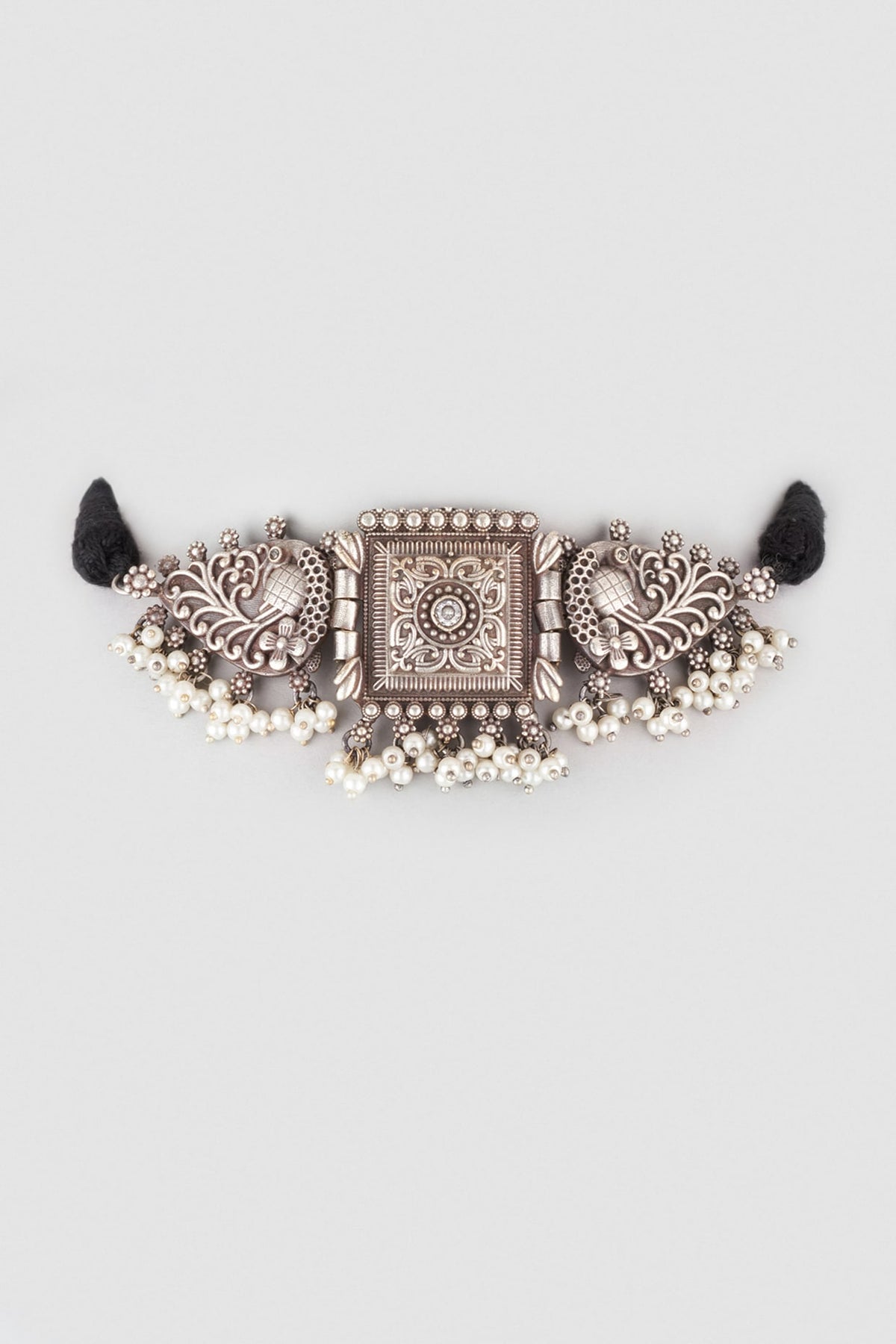 Black Rhodium Finish Floral Motif Choker Necklace