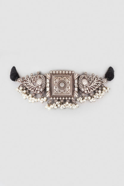 Black Rhodium Finish Floral Motif Choker Necklace