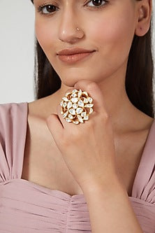 Gold Plated Ring With Moissanite Polki In Sterling Silver