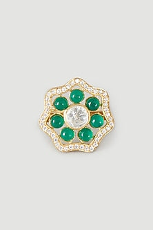 Gold Finish Moissanite Kundan Polki Handcrafted Ring In Sterling Silver