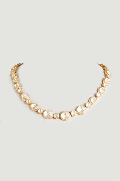 Gold Finish Moissanite Kundan Polki Necklace In Sterling Silver