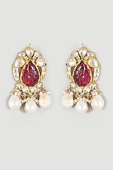 Gold Finish Ruby Synthetic Stones Earrings In Sterling Silver