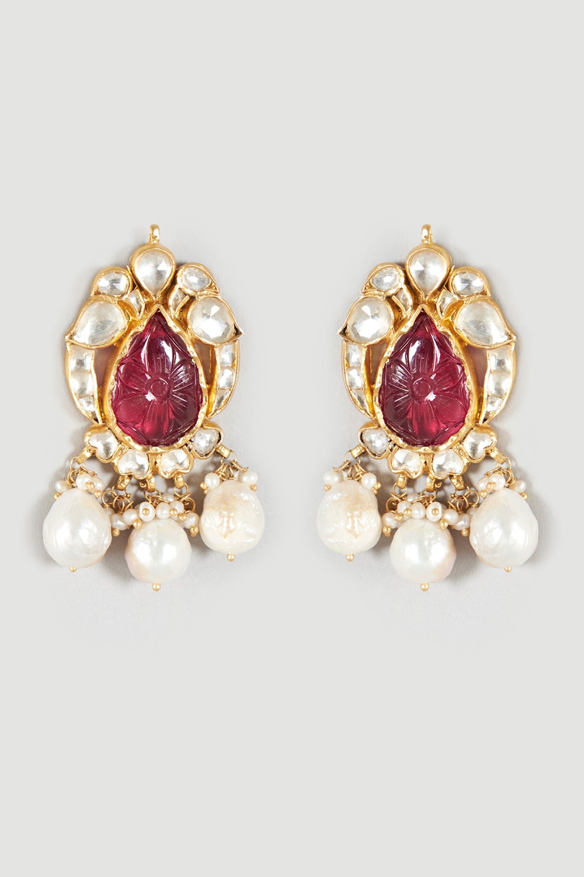 Gold Finish Ruby Synthetic Stones Earrings In Sterling Silver
