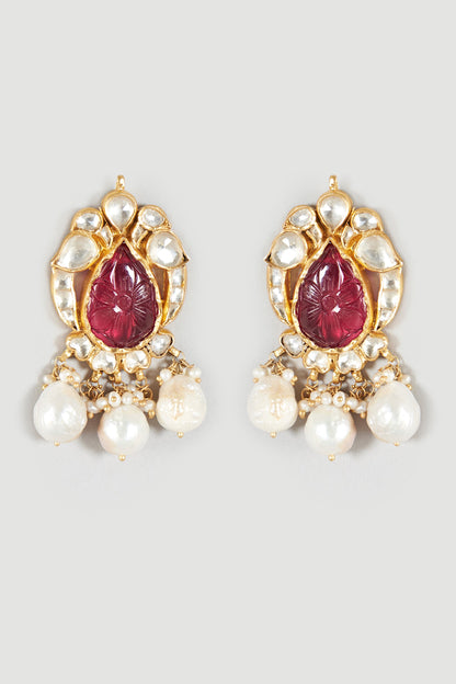 Gold Finish Ruby Synthetic Stones Earrings In Sterling Silver