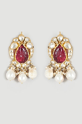 Gold Finish Ruby Synthetic Stones Earrings In Sterling Silver