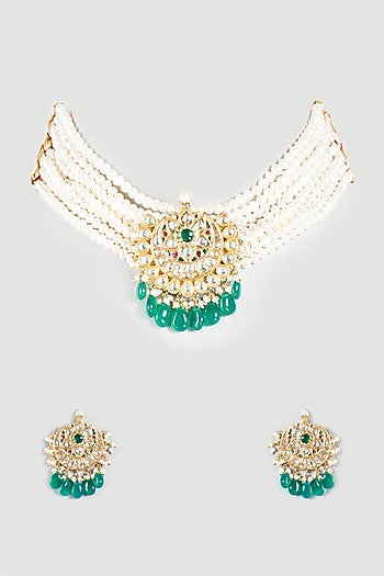 Gold Finish Moissanite Polki Necklace Set In Sterling Silver
