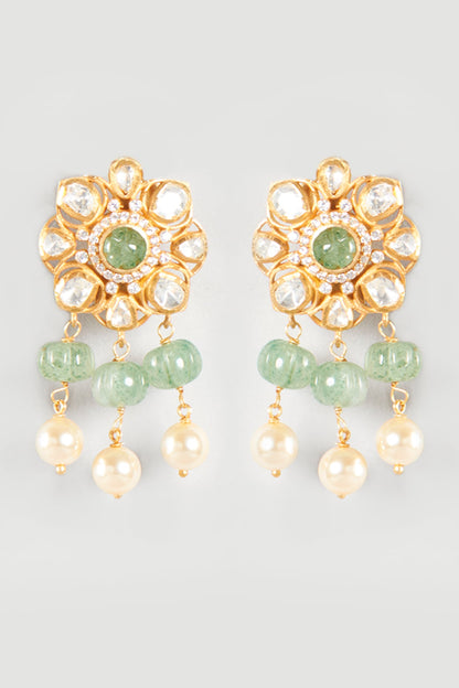 Gold Finish Emerald Synthetic Stones Earrings In Sterling Silver